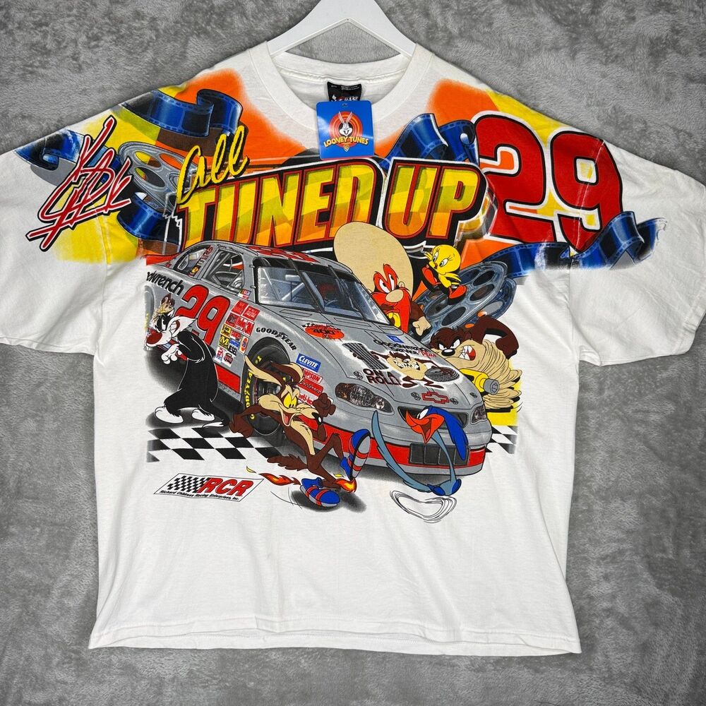 Vtg Kevin Harvick Looney Tunes T-Shirt Mens 2XL AOP All Tuned Up Monte Carlo 400